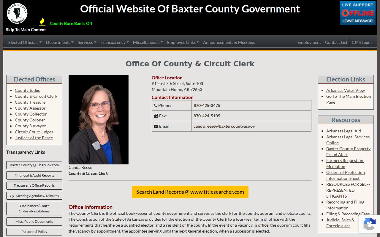 Baxter County court docket County and Circuit Clerk office page