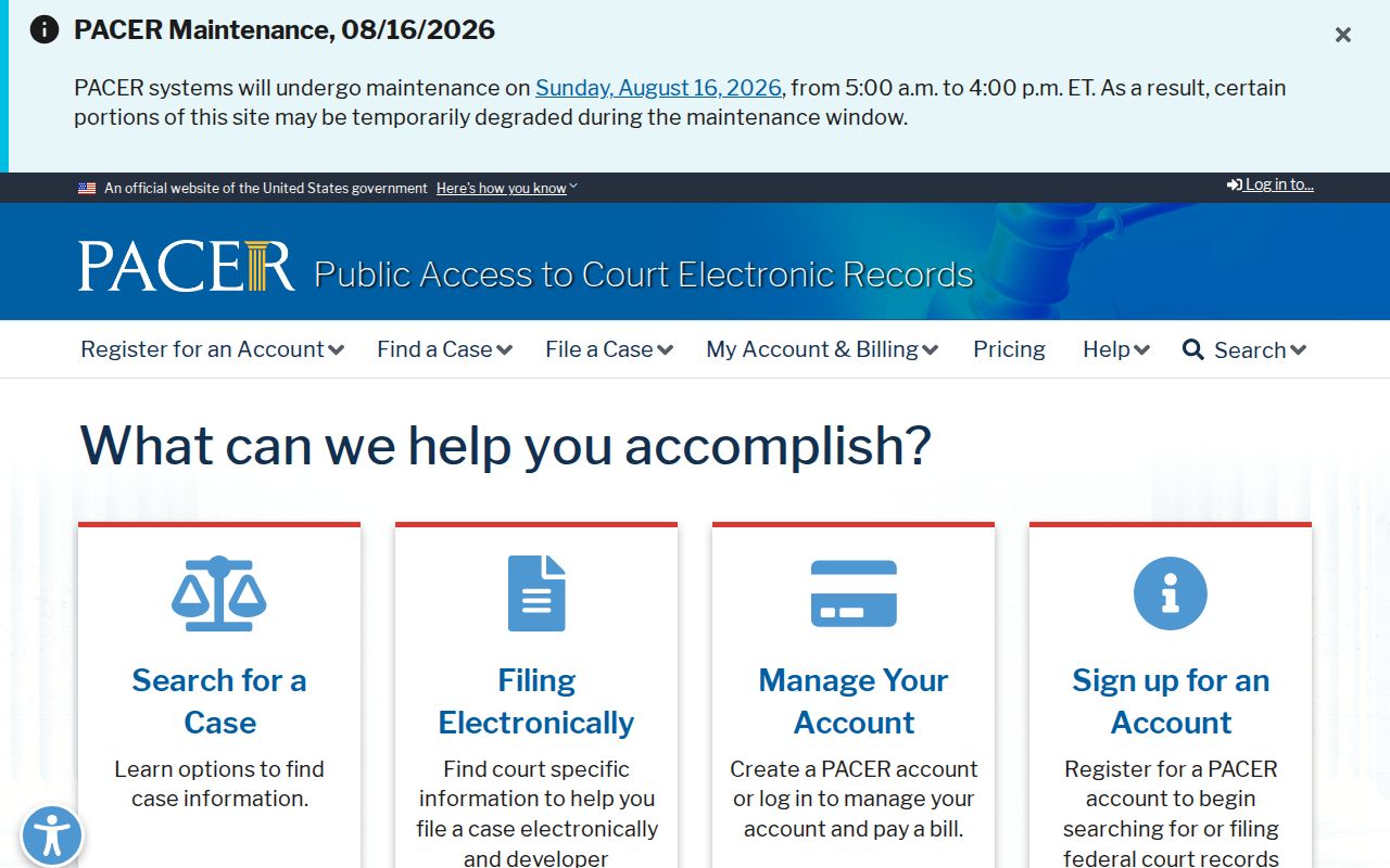 PACER federal docket access for a Norfork federal case